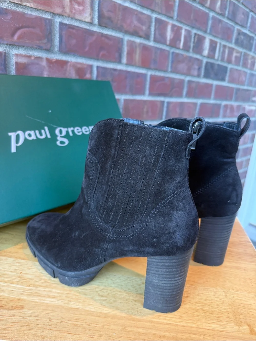 Paul Green Black Suede Ankle Booties with Block Heel
